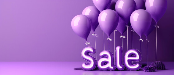 Obraz premium Purple sale banner. Inscription with Sale, balloons, decorations on purple. Template for seasonal sales, promotions, offers ads. Copy space. Generative ai 