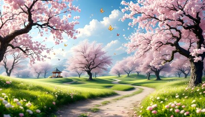 Fototapeta premium Dreamy landscape during spring, vibrant green fields filled with blooming cherry blossom trees, a winding path leading to a small gazebo, butterflies fluttering around.