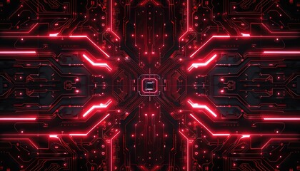 Obraz premium Red Glowing Circuit Board with Central Processor