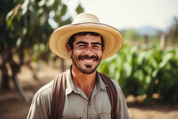 Fototapeta premium Portrait of a smiling Mexican farmer on organic farm