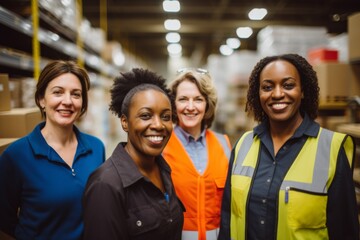 Smiling portrait of a diverse group of female warehouse workers