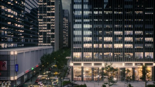 Establishing Elevated Exterior Shot of City Buildings. Busy Road With Moving Vehicles and Illuminated Office Windows. Ground Floor Shops. Urban Commute and Modern Architecture Night Static view.