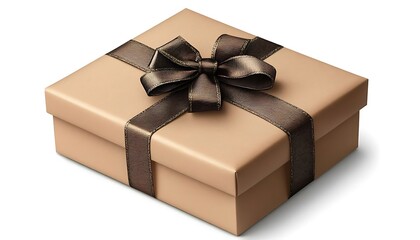 Gift box with gold wrapping paper and bow on solid white background, single object