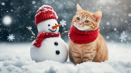 A cute orange cat wearing a red scarf next to a snowman in front of it