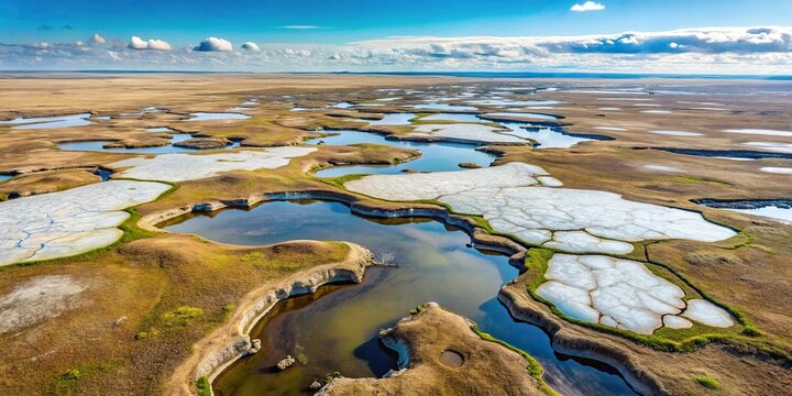 Aerial view of melting permafrost causing ground slumping and destabilizing infrastructure