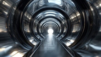 A view inside a metallic industrial tunnel with a bright light at the far end creating a modern perspective for architectural design.