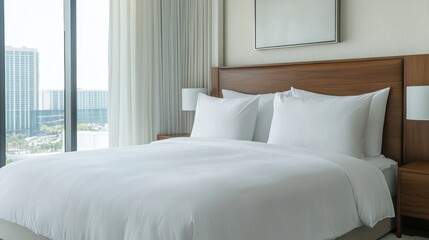 Minimalist Japanese inspired bedroom in beige tone with minimal decor and soft lighting. Contemporary Real Estate interior design composition