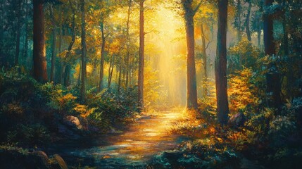 Obraz premium Forest Path With Sunbeams