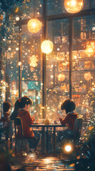 cozy cafe scene with warm lighting and three people enjoying drinks, surrounded by glowing lanterns and peaceful atmosphere. ambiance is inviting and serene.