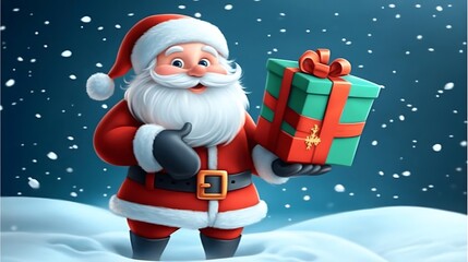 Obraz premium Santa Claus holding a gift box, standing in snow on solid white background, single object