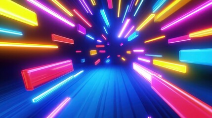 Obraz premium 3d abstract simple geometric background with multicolor rectangles like light bulbs flashing neon lights in 4k on blue plane.