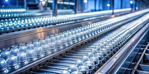 Fototapeta premium Glass containers moving on an industrial conveyor belt, showcasing the efficiency of modern manufacturing processes