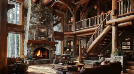 Living room with a roaring stone fireplace, rustic mantel, and a staircase framed by wooden beams