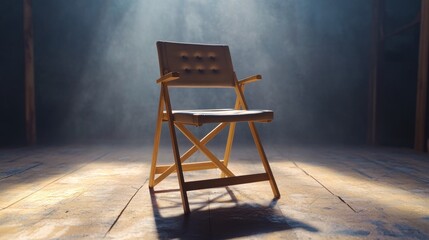 A director's chair is on the middle of the frame, we are on an empty film set, photorealistic