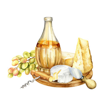 recommend clip art: watercolor homemade white wine bottle, light grapes, parmesan cheese and camembert, cheese knife, corkscrew on a cutting board, hand drawn sketch of alcohol drink, food and drink illustration