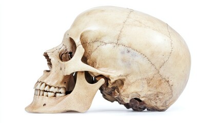 Fototapeta premium A side profile of the human skull, with detailed labeling of the cranial bones, jaw, and teeth, isolated on a white background 