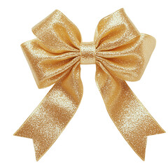 Golden Glitter Bow on transparent background. Gift wrapping and celebratory decorations.