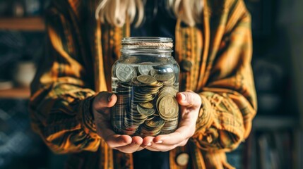 Woman holding a money jar full of donations for a community project
