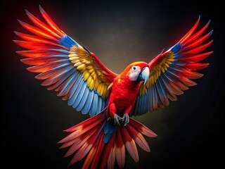 Fototapeta premium Stunning Long Exposure of a Vibrant Red Macaw with Colorful Feathers Spreading Wings in Dark Background