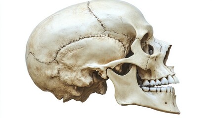 Fototapeta premium A side profile of the human skull, with detailed labeling of the cranial bones, jaw, and teeth, isolated on a white background 
