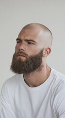 Obraz premium Photograph, man, model, minimalist millitary, a bald head and beard, gaze, solid white environment