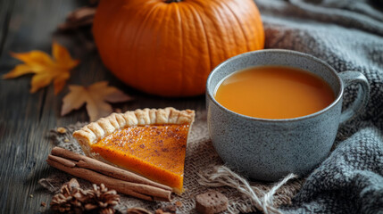 cozy autumn themed flat lay featuring pumpkin pie, warm drink, and seasonal decor