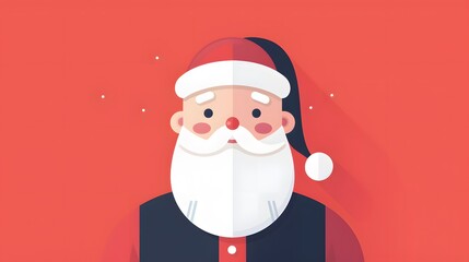 A cheerful, minimalist illustration of Santa Claus against a bright red background, featuring his iconic hat and bushy beard.