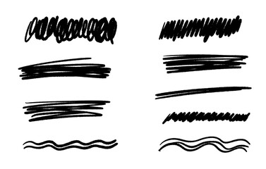 Collection of hand drawn marker strokes for strikethrough and underline. Various scribble lines and brush strokes. Vector graphic.