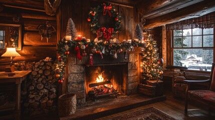 Rustic Christmas cabin with a roaring fire, garlands, and ornaments draped over the mantel.