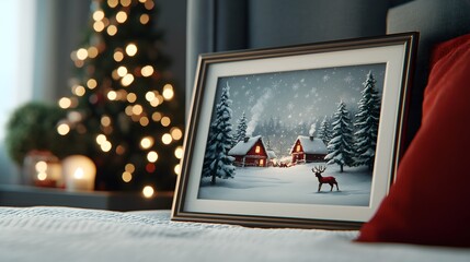 A cozy winter scene featuring a framed picture of a snowy landscape with a reindeer and Christmas trees in a festive setting.