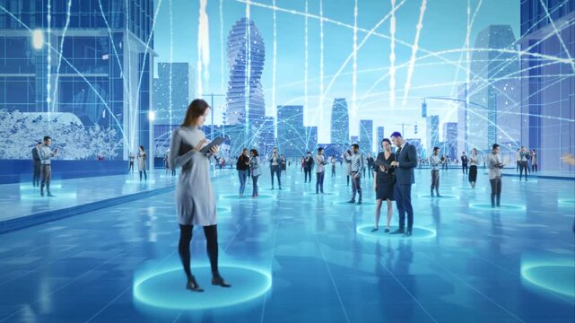 Futuristic Cityscape With Diverse Individuals Interacting Through Digital Devices, Connected by Glowing Data Streams, Big Data, Machine Learning, and High-tech Trends in Digital Communication.