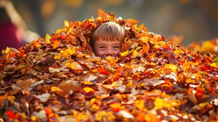 A child with bright eyes jumps into a pile of freshly raked leaves giggling as they disappear into the colorful mound