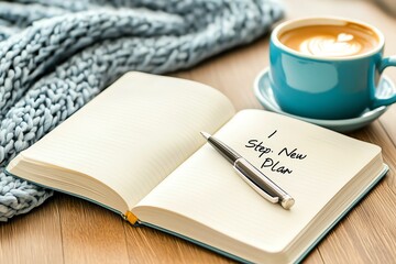 Cozy workspace featuring a notebook, pen, and coffee, perfect for planning and inspiration on a cold day.