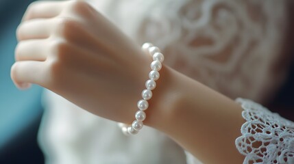 A close-up of a hand adorned with a classic pearl bracelet, showcasing elegance against a softly blurred background.