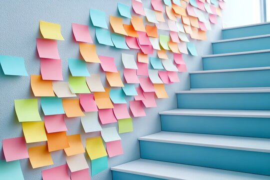 Colorful sticky notes decorate a wall next to stairs, creating an inspiring and organized workspace for ideas and creativity.