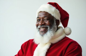 Naklejka premium Portrait of a happy African American santa claus on a white background, christmas and new year concept
