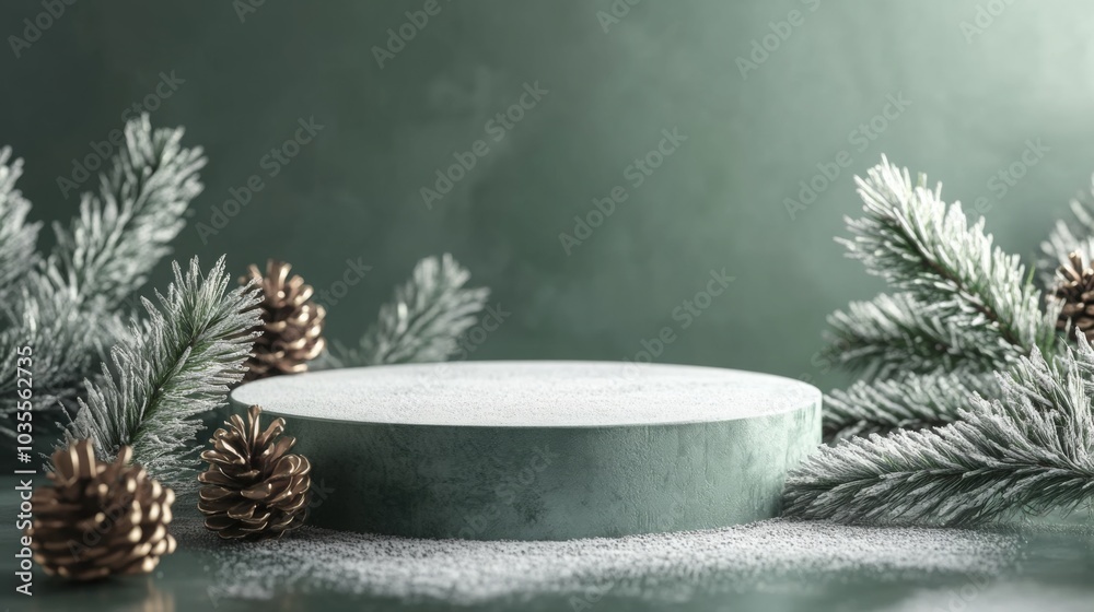 Poster a circular display stand sits on a textured surface surrounded by lush evergreen branches and pineco