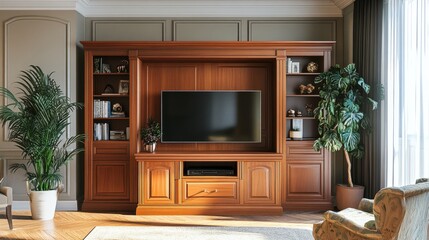 Spacious living area with a wooden entertainment center, an upholstered armchair, and an exotic potted plant.