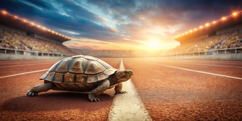 A determined turtle runs down the track at sunset, challenging the odds and proving that slow and steady wins the race.