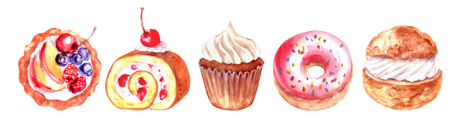 Hand drawn watercolor sweet dessert cake set. Pink donut, cupcake, fruit tart, cherry swiss roll, semla