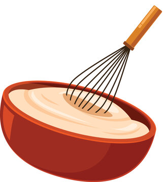Metal whisk is mixing dough in a ceramic bowl for baking