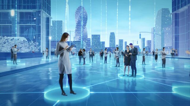 Futuristic Conceptual City with Diverse Perople Engage With Digital Devices, Interconnected by Glowing Data Streams. Big Data, Machine Learning, Digital Communication. Abstract Information Lines