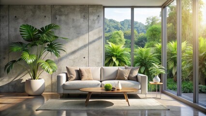 Obraz premium A contemporary living space with a white sofa, a wooden coffee table, and a large potted plant, showcasing a view of lush greenery through a large window.