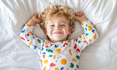 happy toddler boy lying in bed wearing colorful pajamas, generative ai