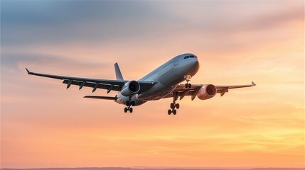 Naklejka premium Implement mechatronics in aerospace for active vibration control in aircraft structures, Airplane flying against a beautiful sunset backdrop