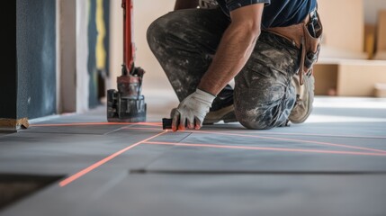 A construction worker using a laser level to mark precise lines for installing floor tiles in a commercial building, Floor tiling preparation scene, Interior finishing style