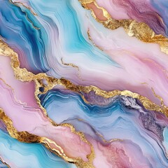 Fototapeta premium This abstract artwork features a blend of pastel and aqua hues with shimmering gold accents, creating a sense of luxury and tranquility on a textured canvas.