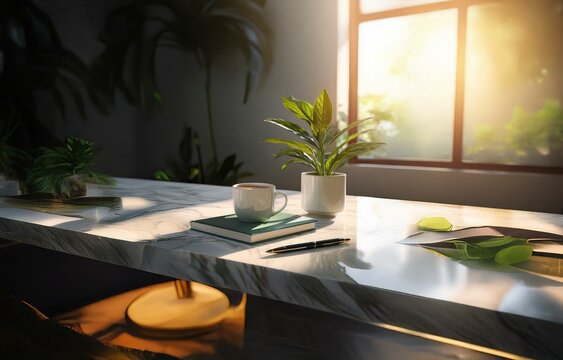 A cup of coffee sits on a book next to a potted plant, with a pen resting on the book and sun shining through a window.