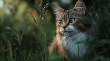 Obraz premium Norwegian Forest Cat Hunting in Tall Grass