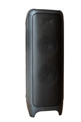 Obraz premium Front view of Large black Modern Audio Speakers Isolated on transparent background, Portable speakers use batteries to work, provide good sound, PNG File